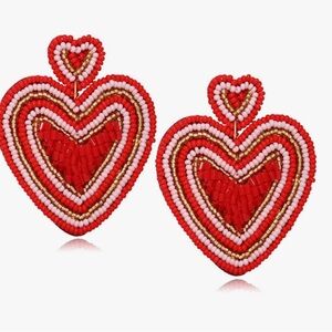 Heart-Shaped Seed Beaded Earrings - Red and Pink NEW
